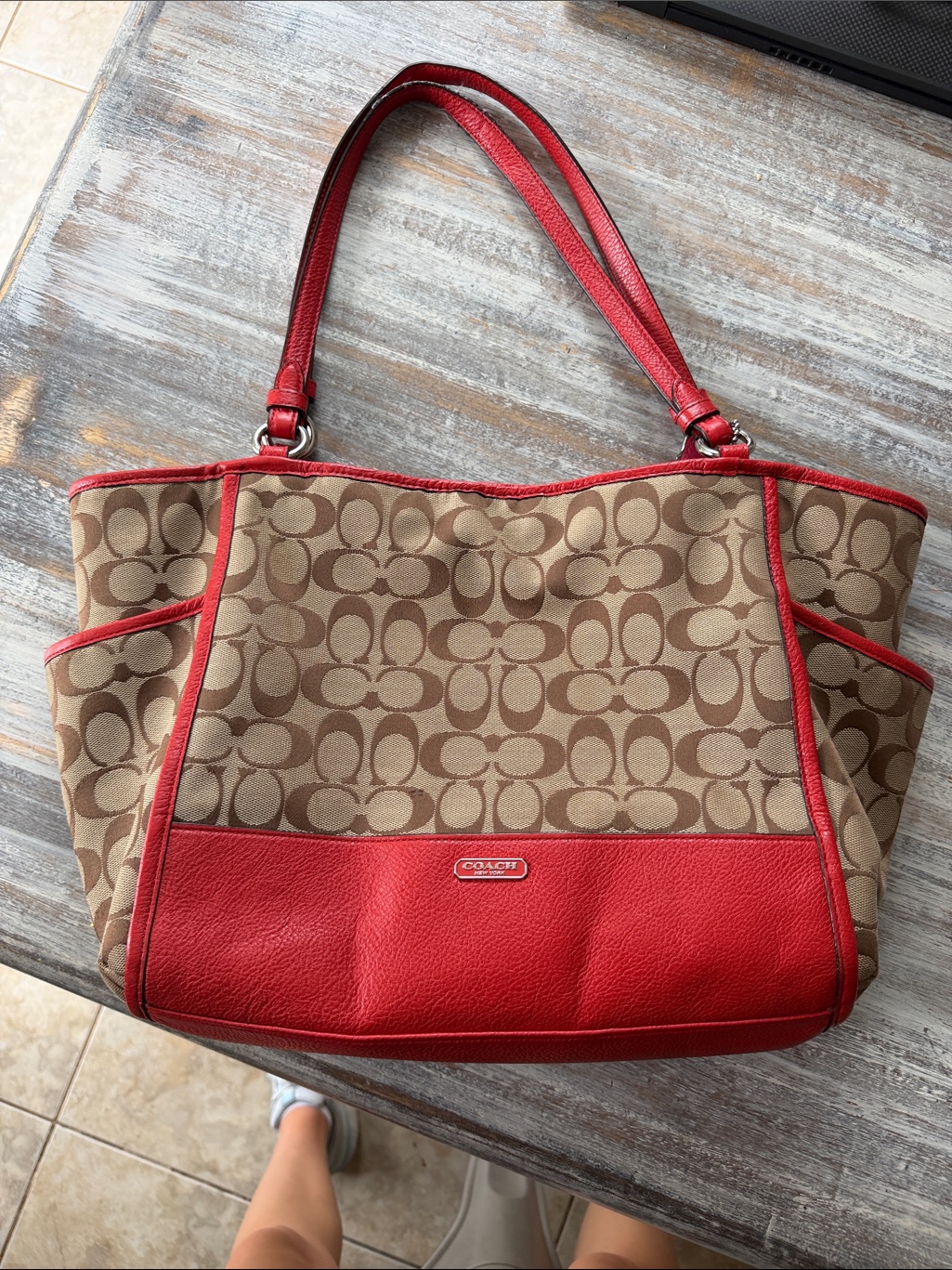 Coach Vintage Y2k Signature Tote Red Leather Trim